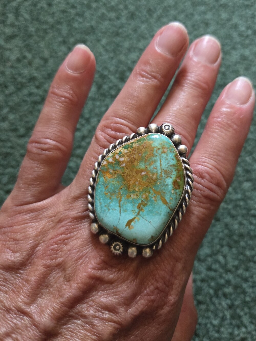 Large Blue-Green Royston Turquoise Statement Ring with Bronze Matrix - Picture 8 of 9